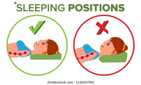 Sleeping Position Vector. Pillow. Curvature Of Human Spine. Neck. Spine Support. Comfortable Bed. Isolated Comparative Illustration