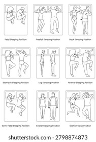 Sleeping Positions Vector Set, Men and Women, couples and individuals, fetal, freefall, back, stomach, log, yearner, soldier, starfish, customizable
