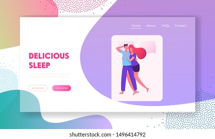 Sleeping Posture for Married Couple Website Landing Page. Woman Cuddling to Man Lying on Bed while Dreaming at Night Time. Love and Sexual Relations Web Page Banner. Cartoon Flat Vector Illustration