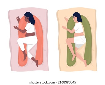 Sleeping with pregnancy pillow 2D vector isolated illustration set. Expecting mothers flat characters on cartoon background. Colourful editable scene collection for mobile, website, presentation