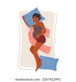 Sleeping Pregnant Woman With Customized Maternity Pillow Providing Full Body Support And Restful Optimal Sleep Top View. Relaxed Female Character Sleep on Bed. Cartoon People Vector Illustration