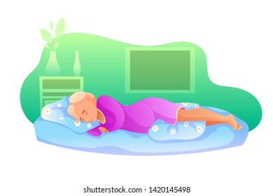 Sleeping pregnant woman flat vector illustration. Pregnancy period. Maternal health care. Young girl taking nap in bedroom cartoon character. Blond haired woman asleep peacefully in violet nightgown