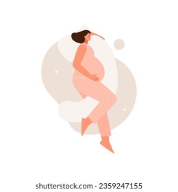 Sleeping pregnant woman on pillows. Taking care of the health of the expectant mother vector illustration