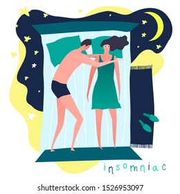 Sleeping problems. Insomniac at night. Young woman suffering from sleeping disorder, nightmare, insomnia, sleeplessness. Medical, healthcare concept. Editable vector illustration in bright colors. 