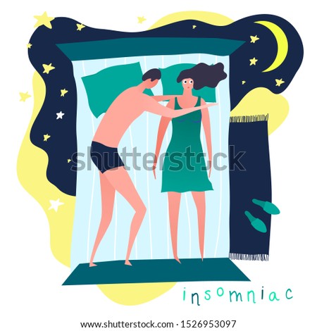 Sleeping problems. Insomniac at night. Young woman suffering from sleeping disorder, nightmare, insomnia, sleeplessness. Medical, healthcare concept. Editable vector illustration in bright colors. 