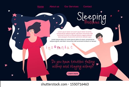 Sleeping problems. Insomniacs at night. Landing page for a medicine that cures sleeping disorder, nightmare, insomnia, sleeplessness. Medical, healthcare site. Vector illustration in bright colors.