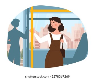 Sleeping in public transport. Woman stands and holds on to handrail in subway or bus. City infrastructure to travel and journey. Asleep napping passenger. Cartoon flat vector illustration