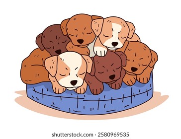 Sleeping puppies group cuddle cozy bed adorable scene cute dogs resting together colorful illustration pet theme design element