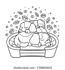 Sleeping puppies peaceful cartoon adult and children's coloring book page illustration. Cute dogs asleep on top of each other animal theme art print design. Calm flora and fauna outline.