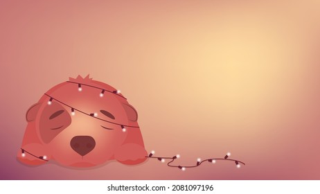 Sleeping puppy wrapped in decoration lights isolated on background for Christmas and New Year decorations vector.