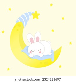 Sleeping rabbit bunny cartoon character. Adorable white rabbit sleeping on the crescent moon  with star background. Bedtime story.