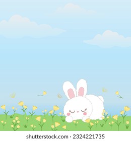 Sleeping rabbit bunny in the flower field meadow. White Rabbit cartoon character blue sky with grass background. Copy space design for card easter summer background. 