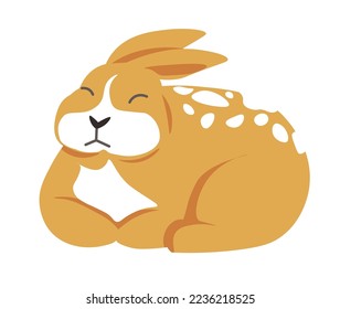 Sleeping rabbit character, isolated portrait of woodland animal. Cute personage with small muzzle and furry coat, bunny with closed eyes and long ears. Fauna and wilderness. Vector in flat style