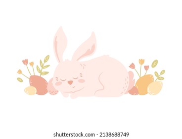 Sleeping rabbit with eggs, flowers, leaves. Cute isolated character. Spring vector illustration.