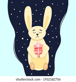 sleeping rabbit with a gift. greeting card. Cute vector illustration in flat style.