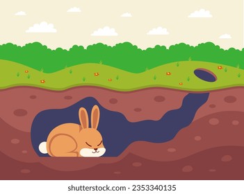 a sleeping rabbit sleeps in a hole. flat vector illustration.