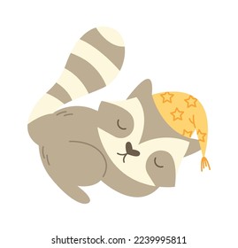 Sleeping raccoon in pajama hat flat icon Cartoon baby animal. Vector illustration