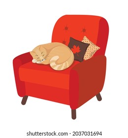 A sleeping red cat, a red chair, pillows. Vector clipart, white background.