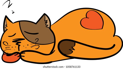 Sleeping red cat with a heart on his back. Hand drawing. Cute cartoon spotted cat on a white background. Hand drawn vector. Sleeping funny cat, hand drawn, vector illustration

