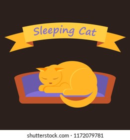 A sleeping red cat on a cat's bed