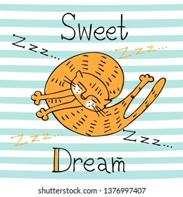 Sleeping red cat on a striped background. Nice style. Vector