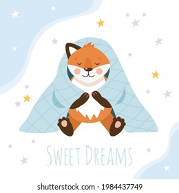 Sleeping red fox in a blanket. Cute animals for nursery. Vector flat illustration for children.