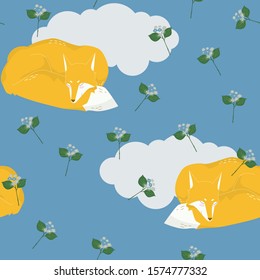 Sleeping red fox and delicate flowers on a duty blue background seamless pattern.Сute baby мector illustration. EPS10