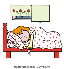 Sleeping red haired girl in red cot. Perfect vector illustration for greeting cards, children books.