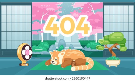 Sleeping red panda error 404 flash message. Wild animal near fan. Website landing page ui design. Not found cartoon image, cute vibes. Vector flat illustration concept with kawaii anime background