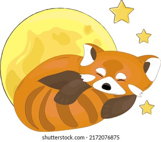 sleeping red panda illustration with moon