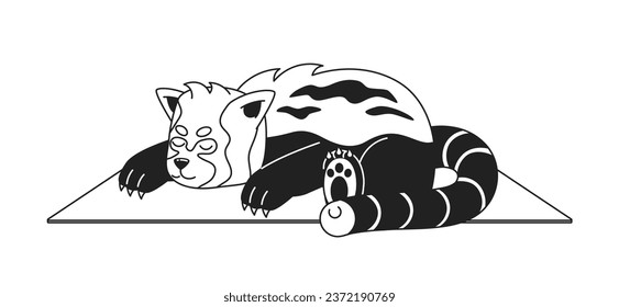 Sleeping red panda monochromatic flat vector character. Japanese bear. Relaxing on blanket. Editable thin line full body animal on white. Simple bw cartoon spot image for web graphic design