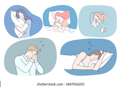 Sleeping, relaxation and comfortable rest concept. Young women and man alone or with child napping and sleeping in different poses in beds with pillows under blankets vector illustration