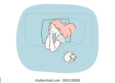 Sleeping, relaxation and comfortable rest concept. Young smiling woman cartoon character sleeping with white cat on pillow in bed under blanket at home vector illustration