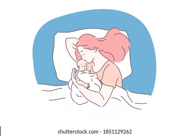 Sleeping, relaxation and comfortable rest concept. Young woman mother cartoon character sleeping and hugging her little baby toddler in bed under blanket at home vector illustration