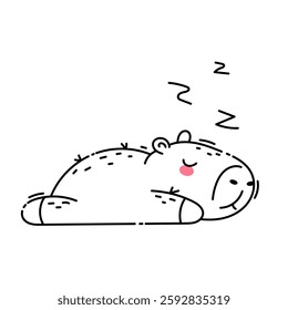 Sleeping relaxed cute capybara doodle outline.Isolated on white background.Vector illustration.