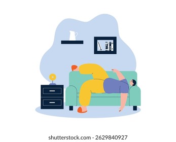 Dormindo em uma posição relaxada no sofá, ilustração vetor preguiça.