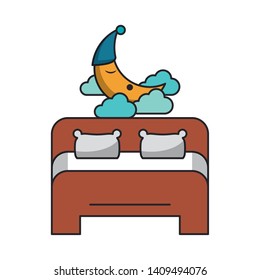 Sleeping and resting bed and moon with clouds cartoons vector illustration graphic design