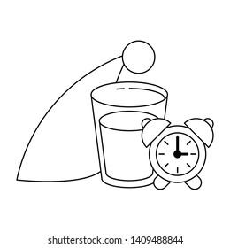 Sleeping and resting hat and milk cup with alarm clock cartoons vector illustration graphic design