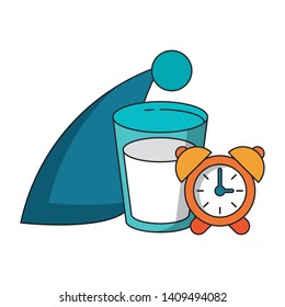 Sleeping and resting hat and milk cup with alarm clock cartoons vector illustration graphic design
