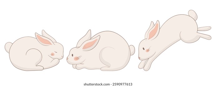 Sleeping, resting, and jumping bunny icon. One rabbit is curled up asleep, another lies down, and the third is mid-leap. A peaceful and dynamic animal illustration