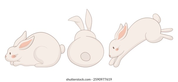 Sleeping, resting, and jumping bunny icon. One rabbit is curled up asleep, another lies down, and the third is mid-leap. A harmonious and adorable animal illustration