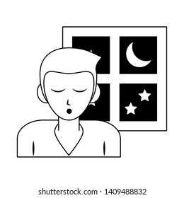 Sleeping and resting man with eyes closed and window cartoons vector illustration graphic design