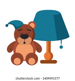 Sleeping and resting teddy bear and light lamp cartoons vector illustration graphic design