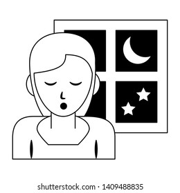 Sleeping and resting woman with eyes closed and window cartoons vector illustration graphic design