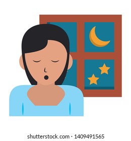 Sleeping and resting woman with eyes closed and window cartoons vector illustration graphic design