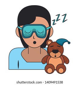 Sleeping and resting woman with eyes cover and teddy cartoons vector illustration graphic design