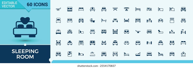 Sleeping Room icons in linear style. Related to lamp, room, bedtime, table, comfort and more. Outline icon collections. Solid line editable vector illustration.