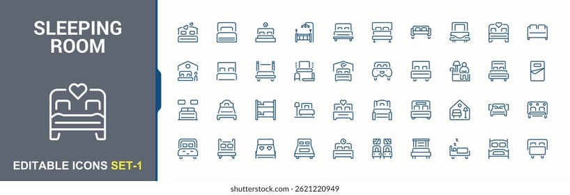 Sleeping Room vector icon set. Bed Room icon set. Bed isolated icons. Minimal icons pack. Pixel perfect. Vector illustration.