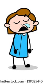 Sleeping and Running Nose - Retro Office Girl Employee Cartoon Vector Illustration﻿