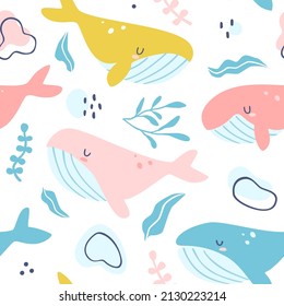 Sleeping sea whales organic pattern. Seamless vector marine baby print with cachalot and seaweed for textile.